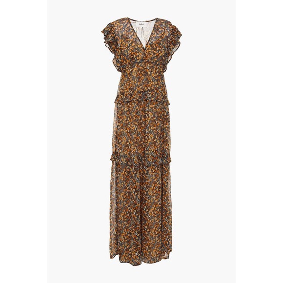 BA&SH Samantha Ruffled Printed Georgette Maxi Tiered Dress in Carbone 242/040 - Picture 13 of 14